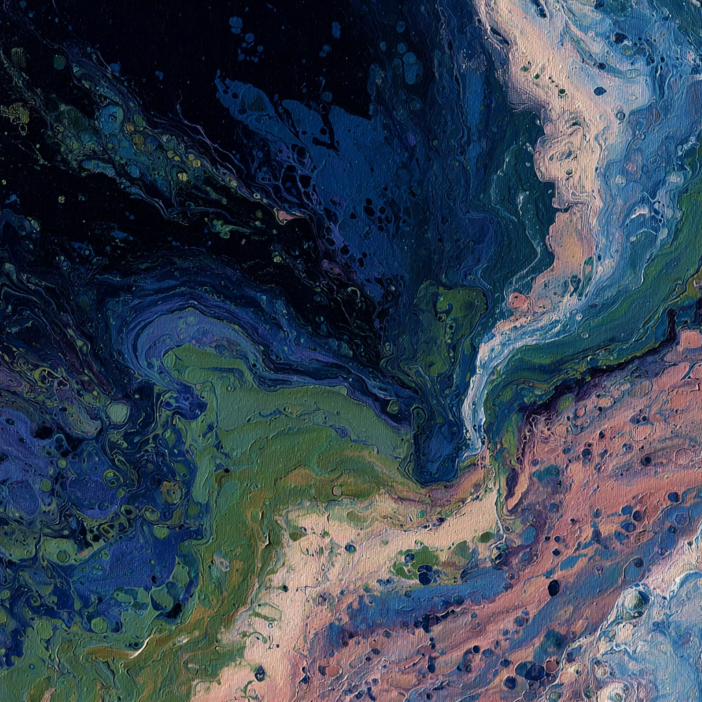 Abstract mix of swirling blue, green, and pink paint with textured patterns resembling waves or smoke.