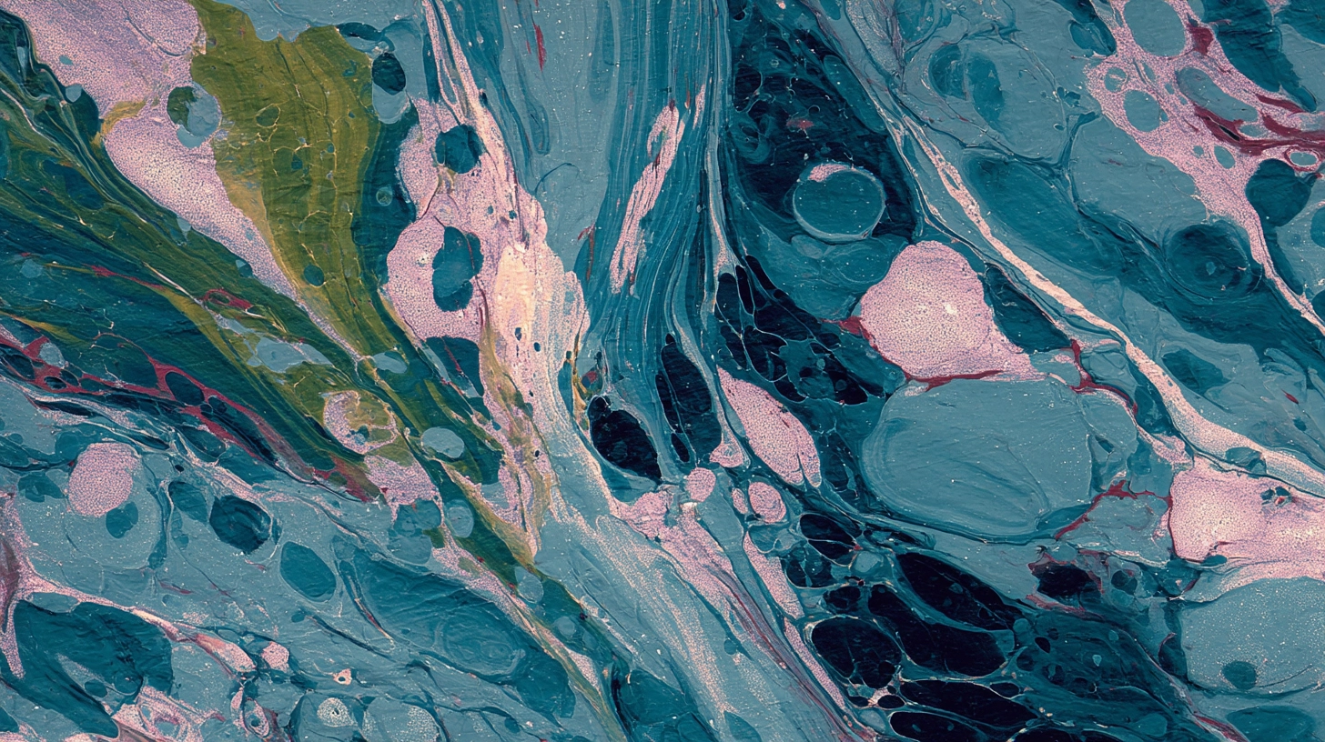 Abstract fluid art with swirling teal, dark blue, olive green, and pink patterns and bubbles.