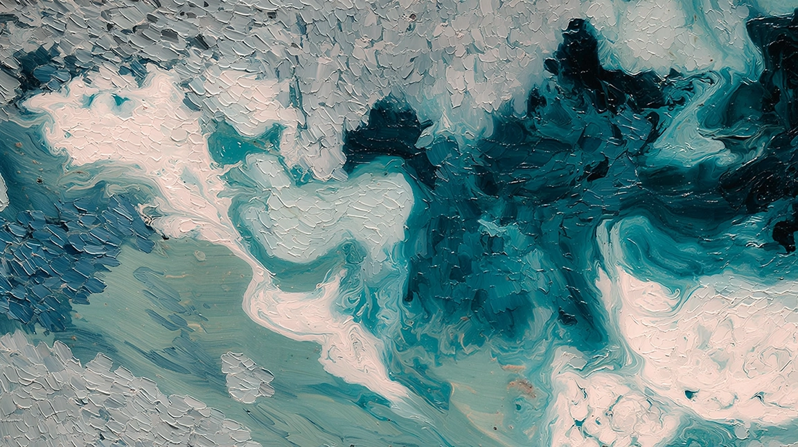Close-up of abstract fluid art with swirling blue, green, and pink colors and organic shapes.