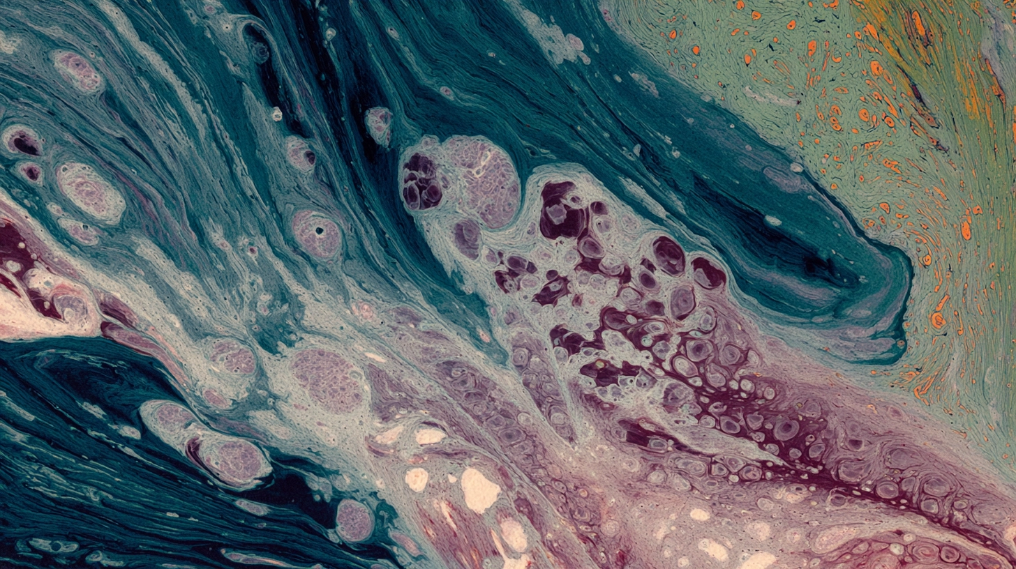 Abstract fluid art with swirling patterns of blue, green, pink, and black colors.