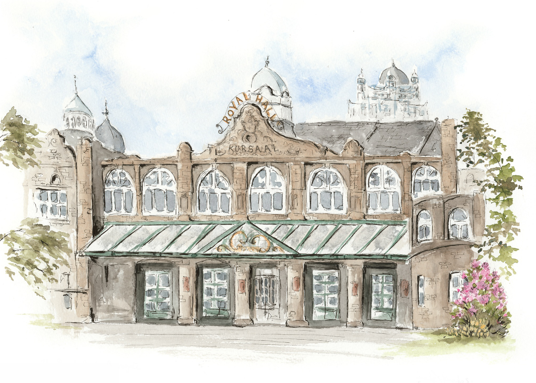 The Royal Hall, Harrogate, in watercolour by Joanne Knowles