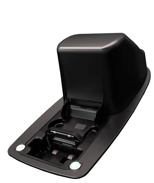 Black electronic device with open lid and complex internal components