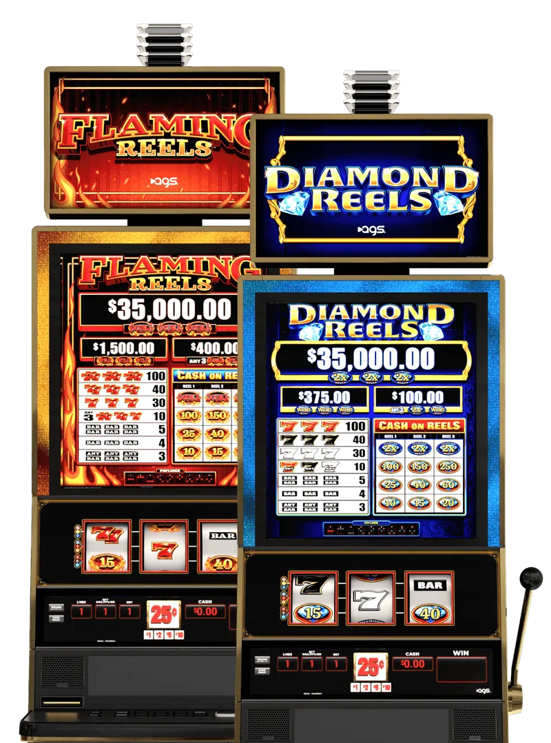 AGS Flaming Reels and Diamond Reels slot machines with fiery and blue displays