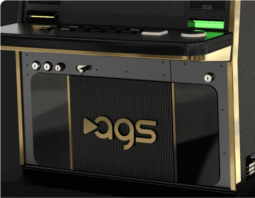 AGS black and gold industrial control panel with buttons and logo