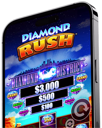 Smartphone screen displaying the Diamond Rush game with prize amounts $3,000, $500, and $100 in the Diamond District section.