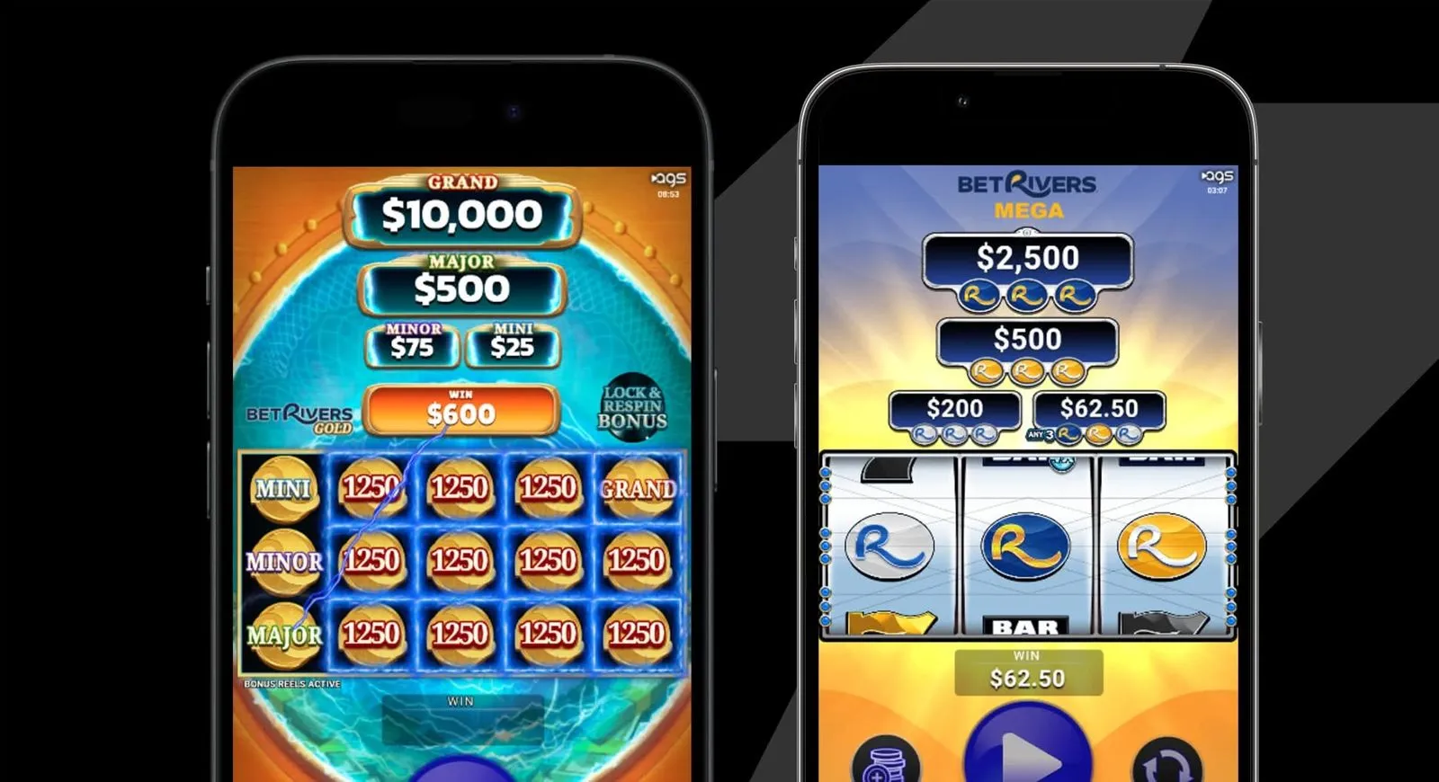 BetRivers AGS slot machine with multiple jackpot levels on smartphone screens