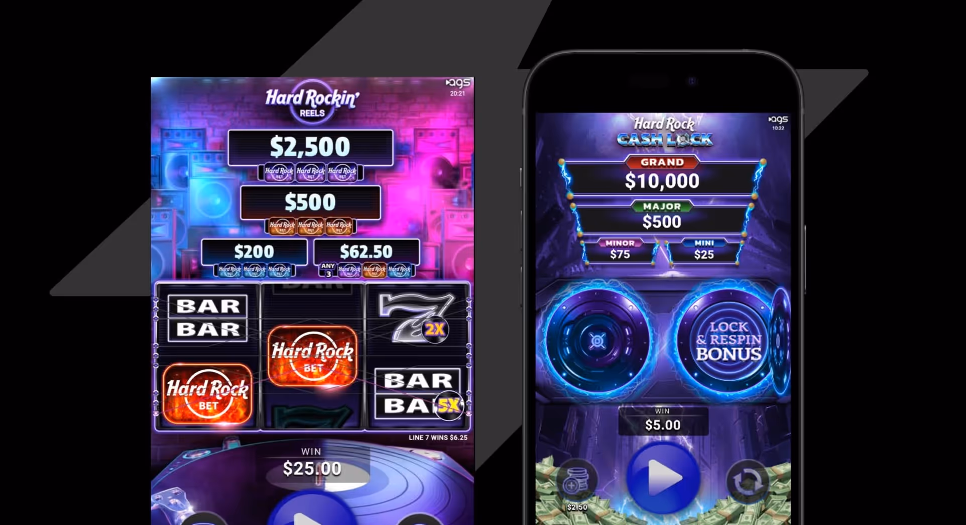 Hard Rock AGS slot machines with colorful reels and jackpot displays