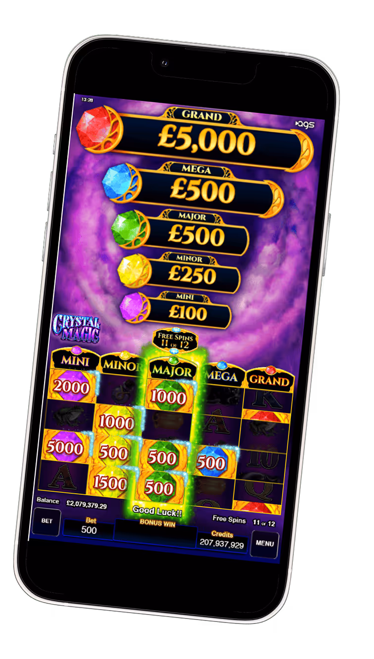 AGS Crystal Magic slot game with progressive jackpot levels on smartphone