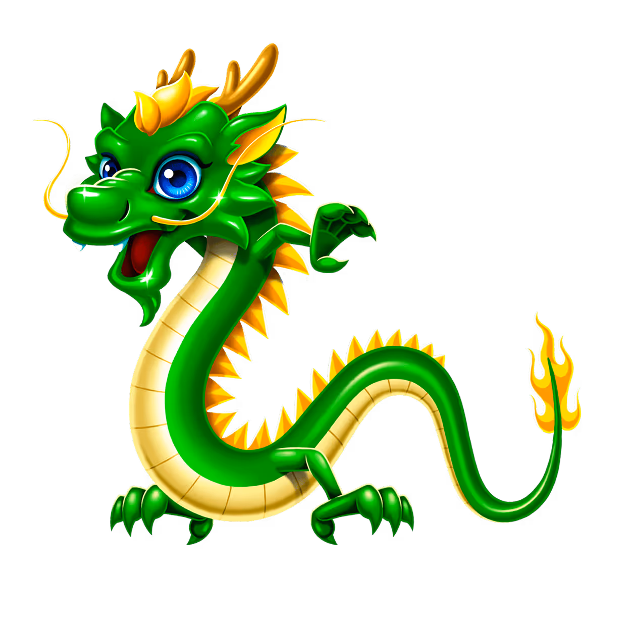 Green AGS dragon with blue eyes, yellow spikes, and fiery tail