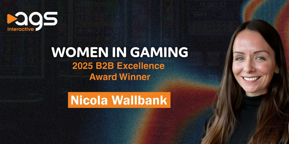 Nicola Wallbank smiling, with text announcing her as the 2025 B2B Excellence Women in Gaming Award Winner, alongside the AGS Interactive logo.