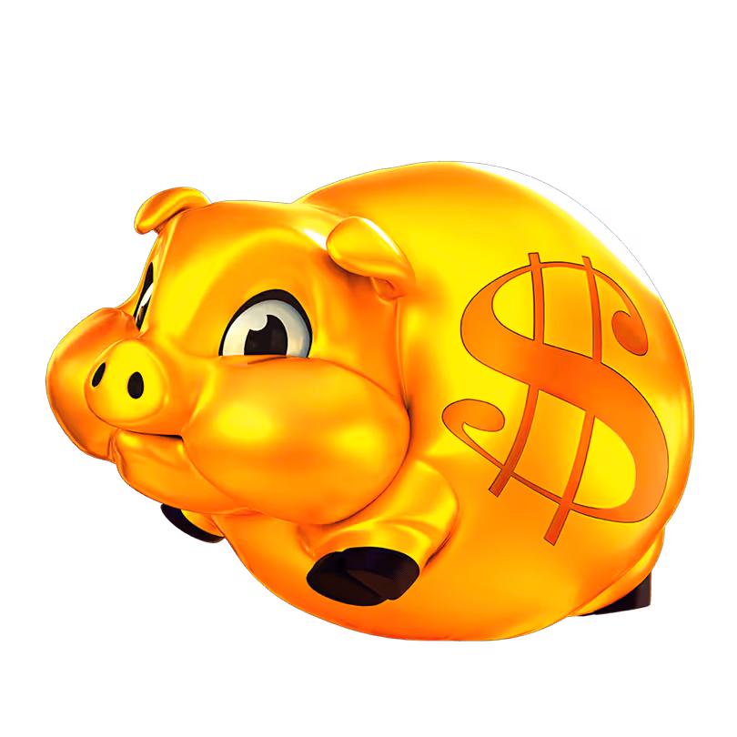 Shiny golden piggy bank with a large dollar sign on its side.