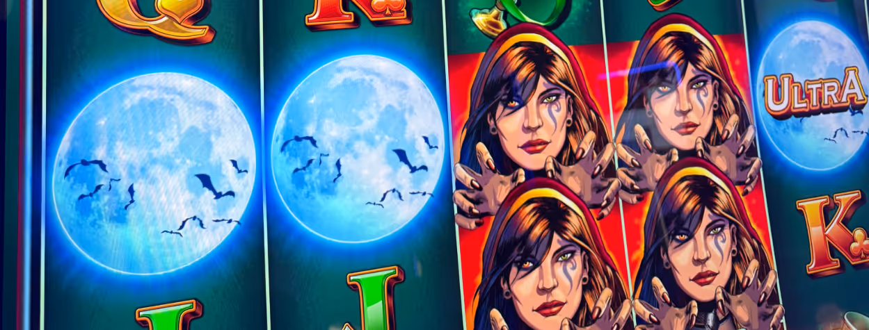 Slot machine screen featuring a muscular werewolf holding gold coins and a potion bottle, with colorful game symbols below and other slot machines in the background.