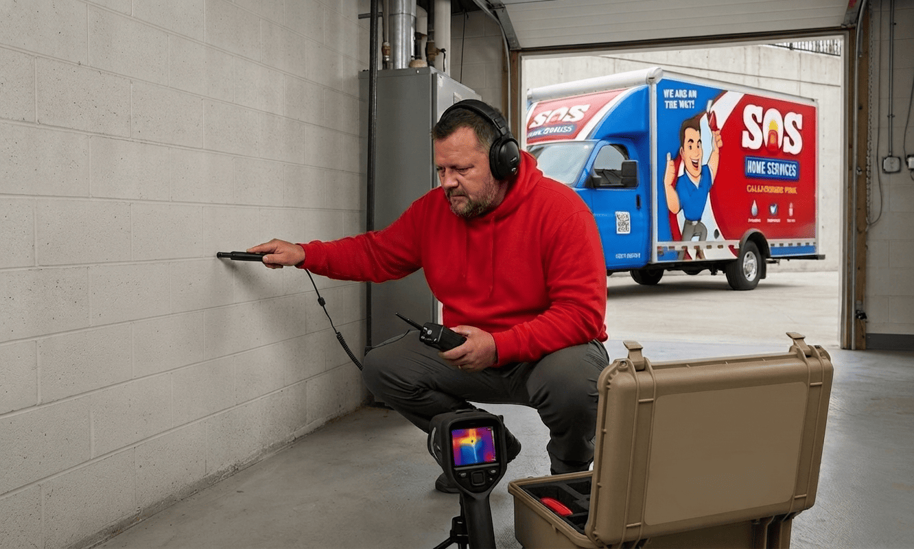 SOS plumber using thermal imaging equipment to locate a hidden leak