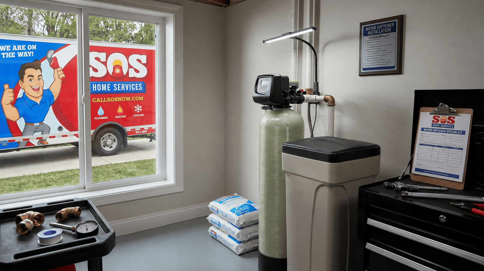 Residential water softener and filtration system installed in a utility room