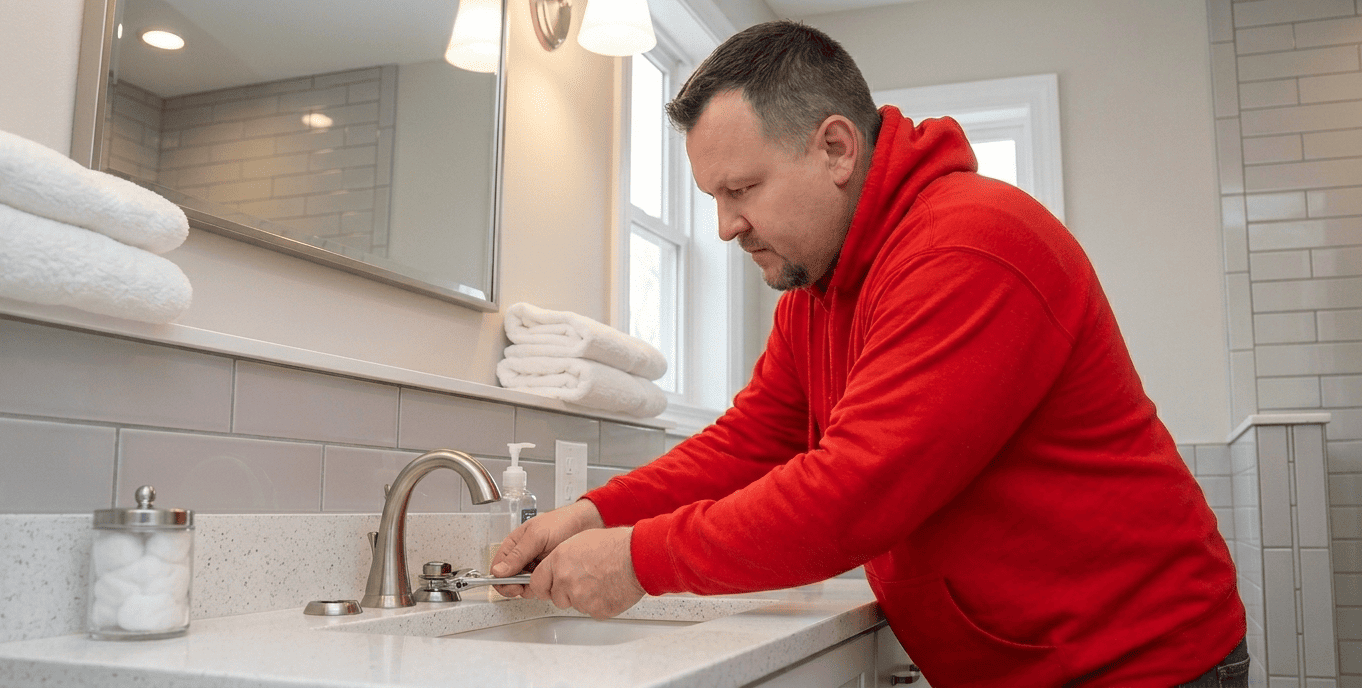 SOS plumber repairing a bathroom faucet at the sink