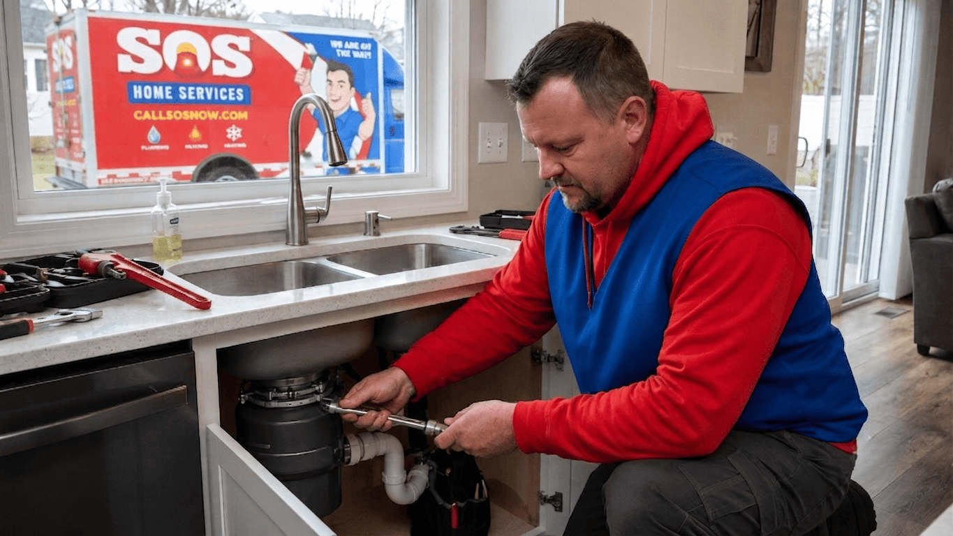 SOS plumber repairing drain pipes beneath a kitchen sink