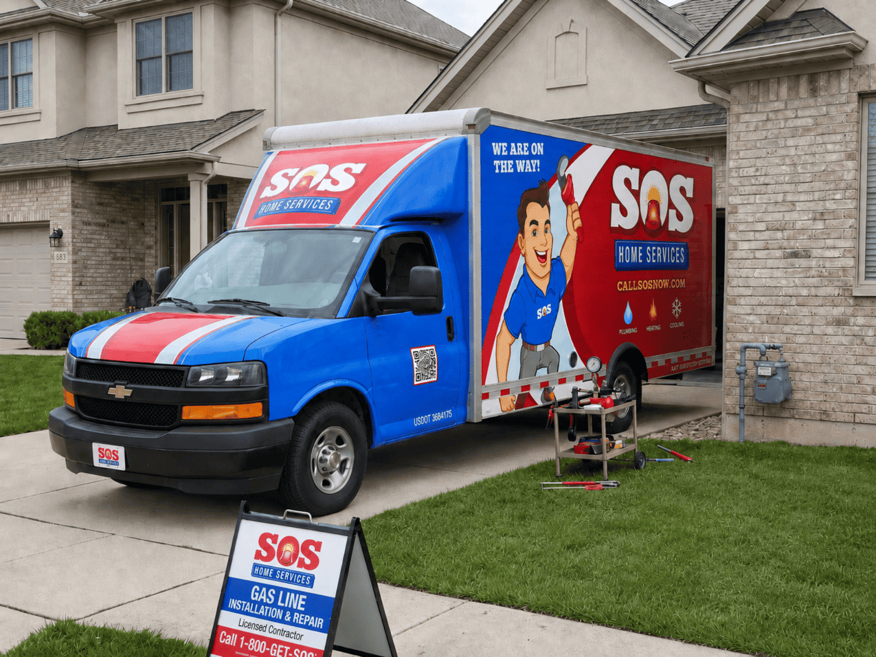SOS service van and gas line repair equipment outside a home