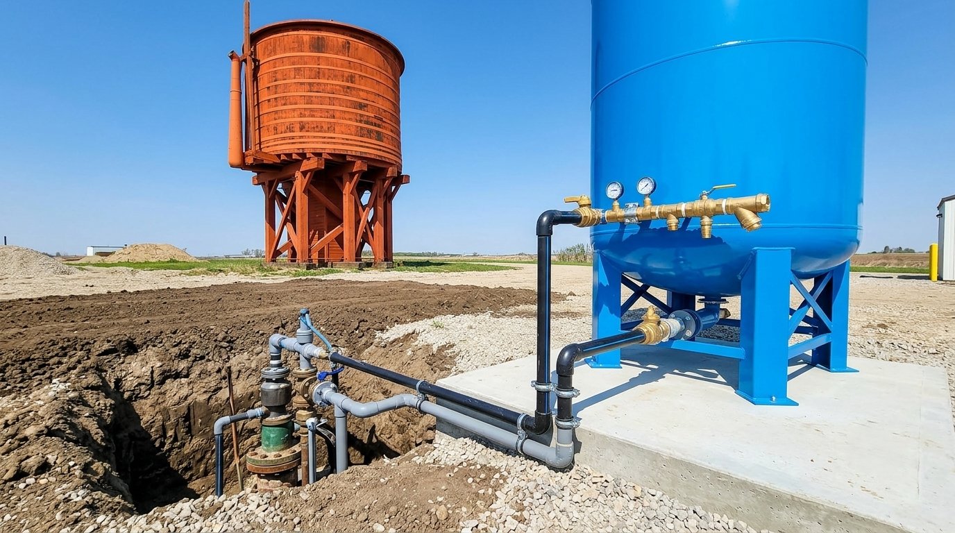 Blue well pressure tank connected to outdoor well equipment