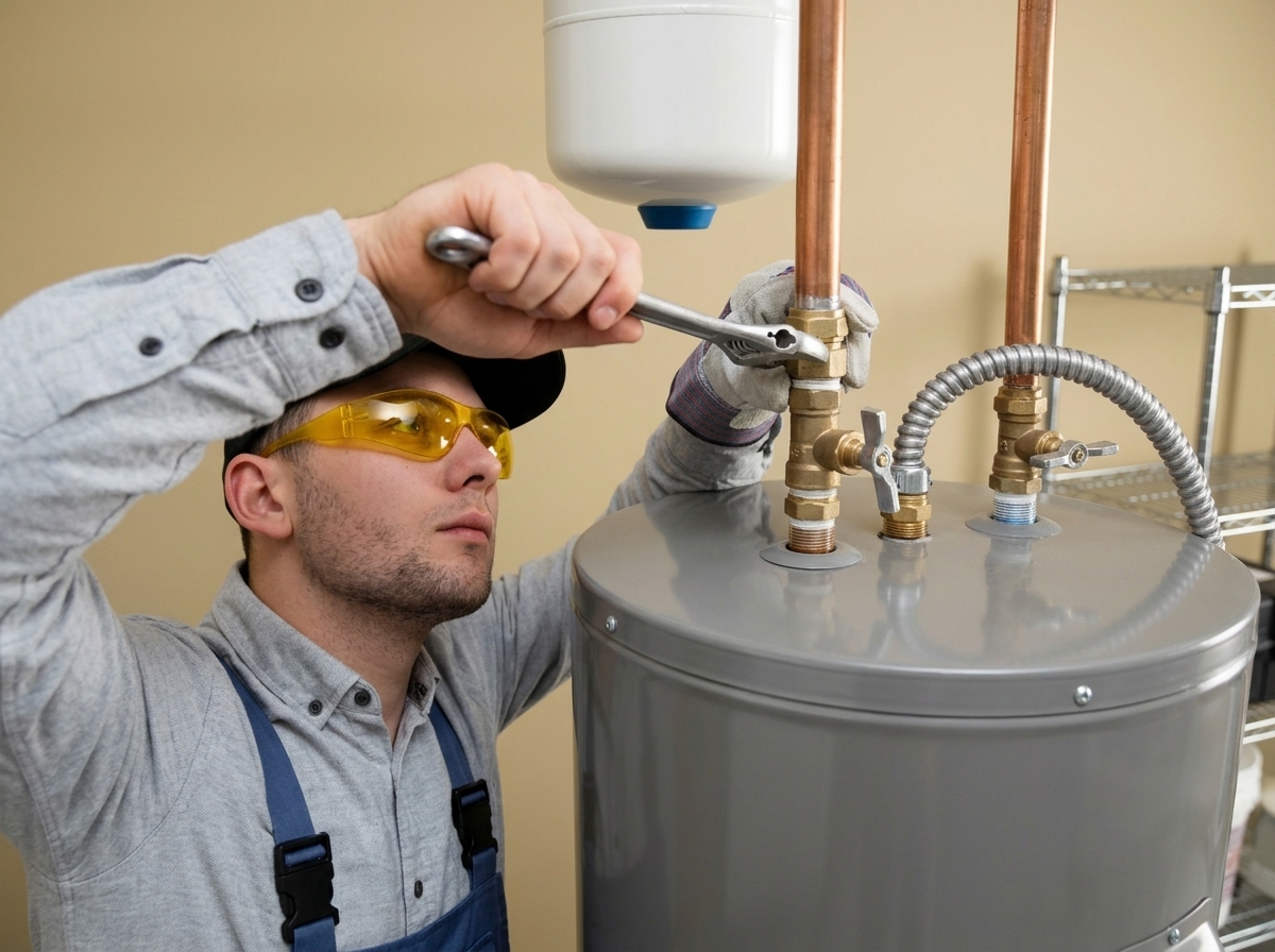 Technician tightening a connection on a residential water heater