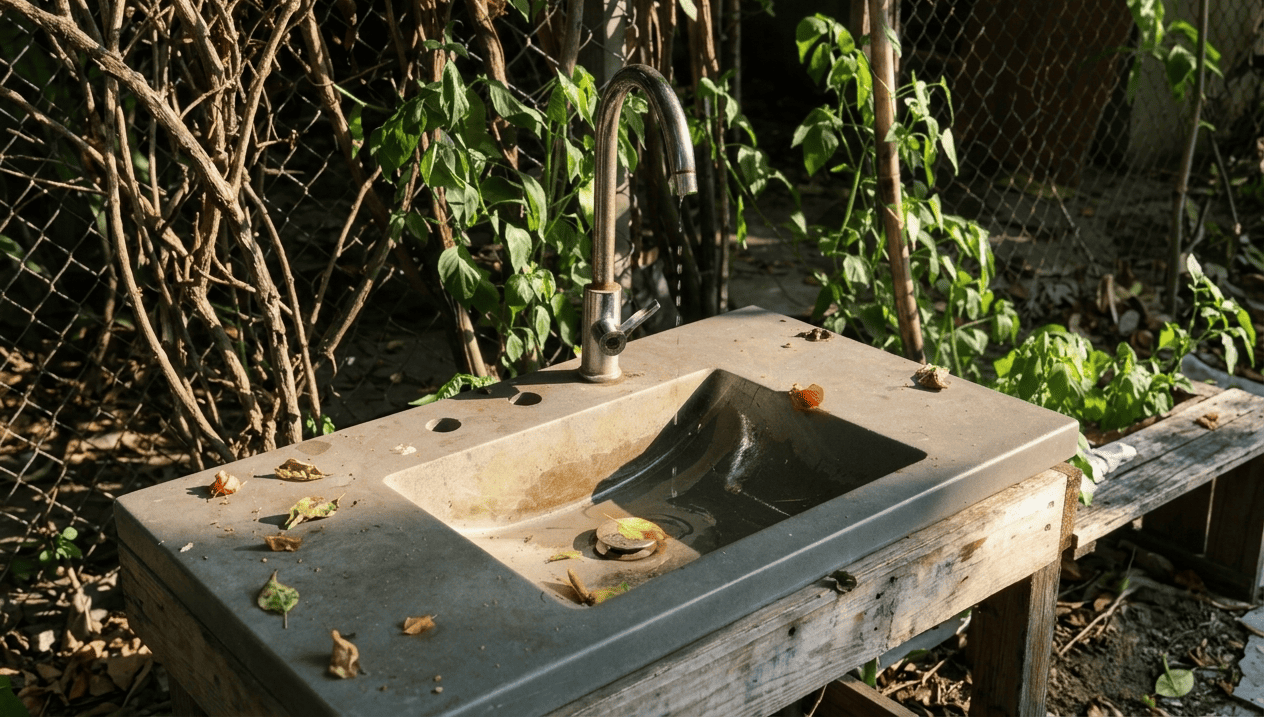 Weathered outdoor utility sink and faucet surrounded by fallen leaves
