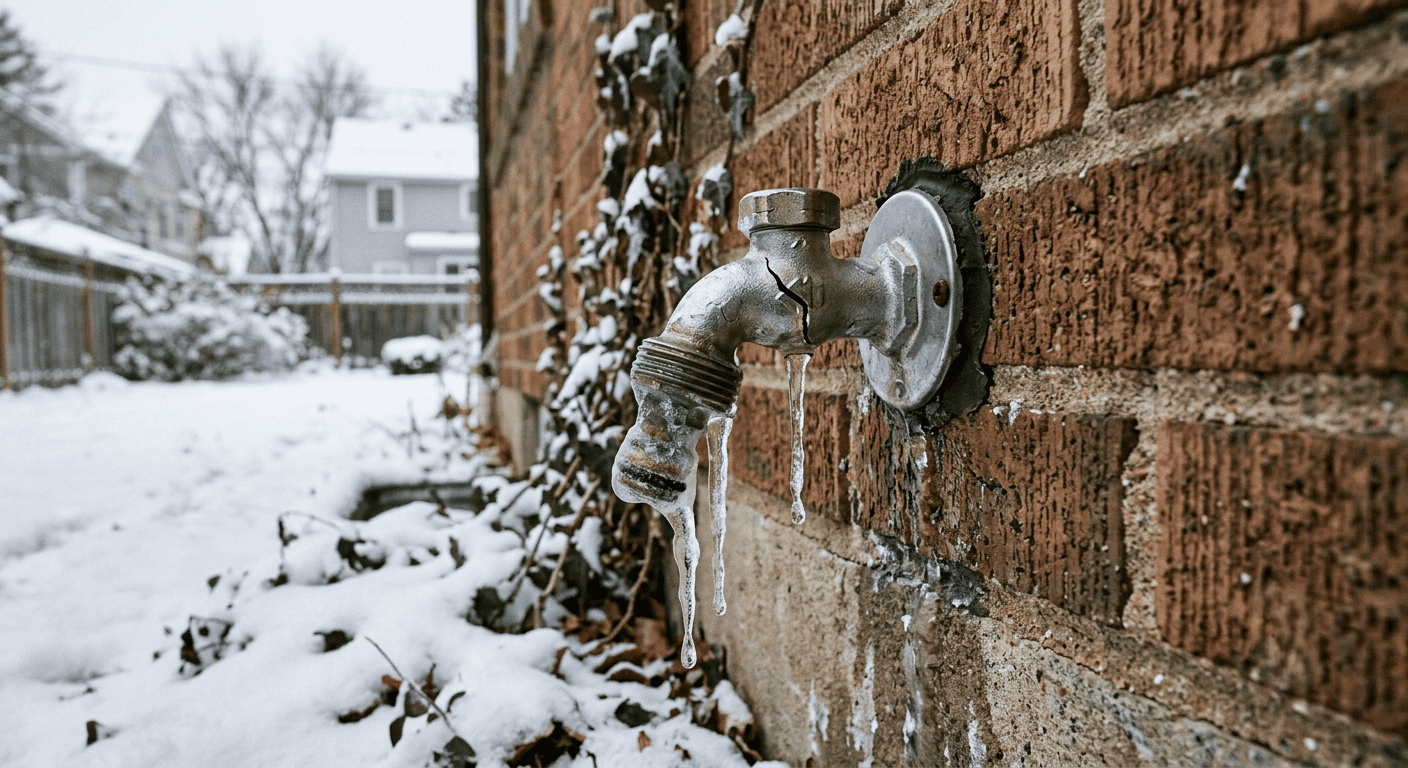 Frozen outdoor spigot on a brick wall in winter