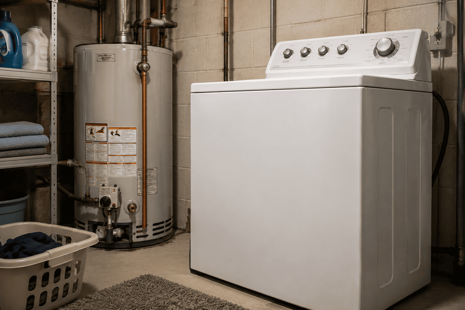 Tank water heater beside a washing machine in a utility room