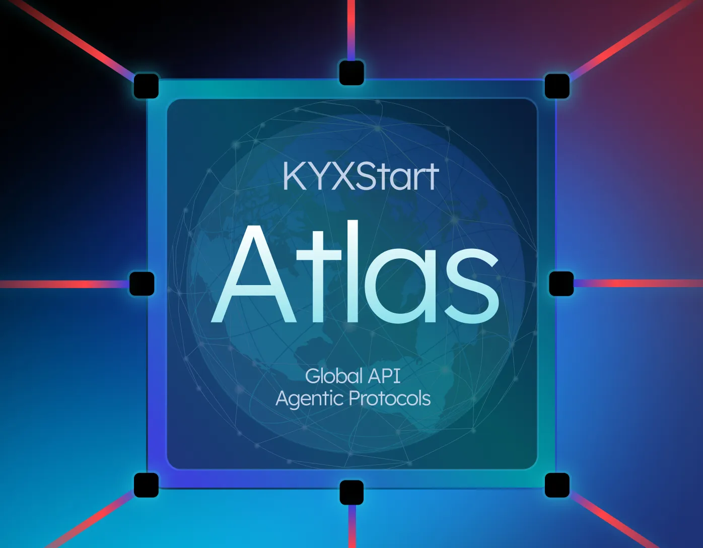 KYXStart Atlas Global API Agentic Protocols with a connected network globe on gradient background.