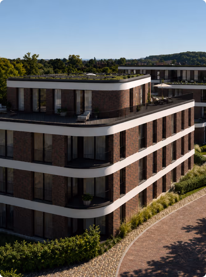 Modernes Mehrfamilienhaus mit Klinkerfassade, Balkonen und begrüntem Dach