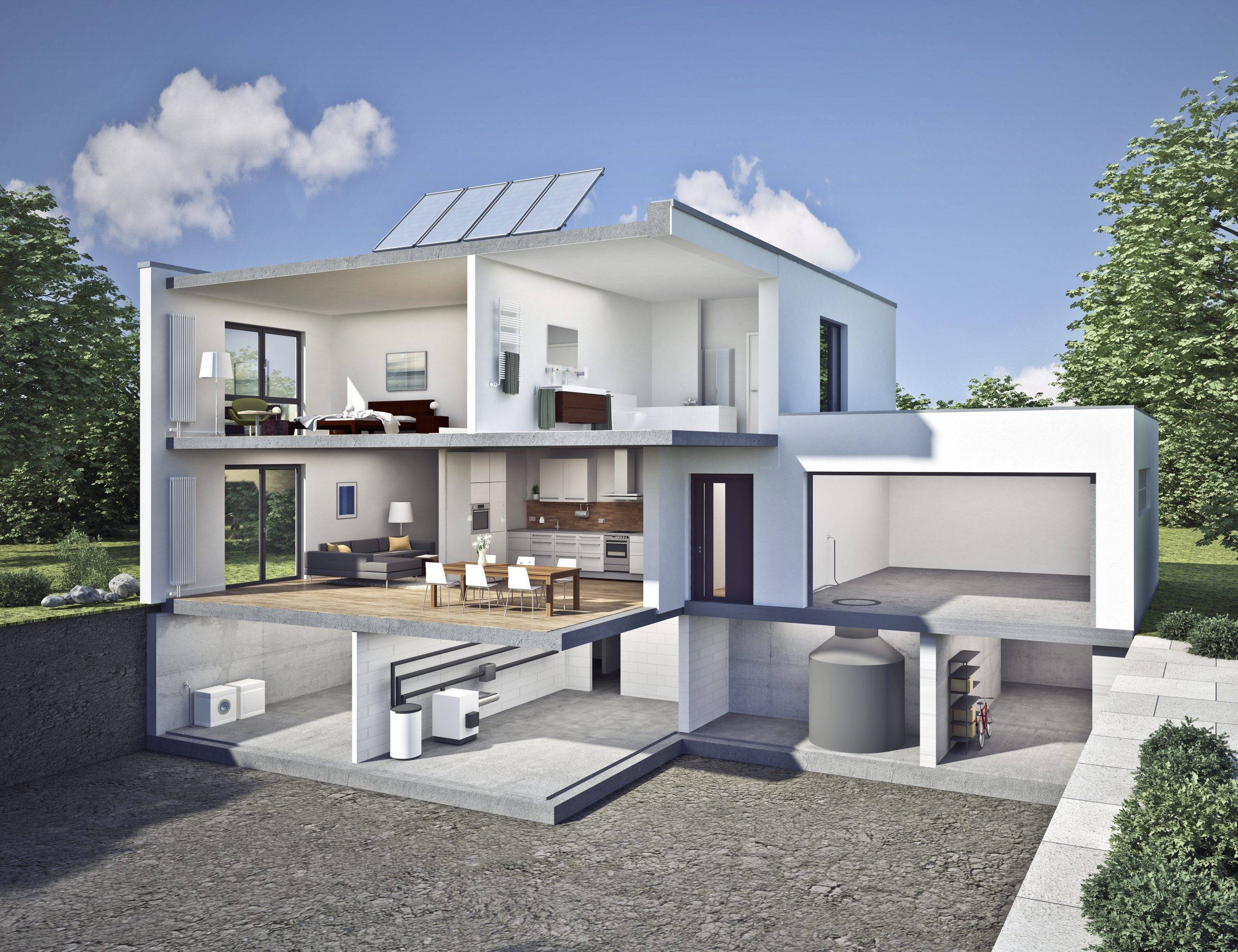 Querschnitt eines modernen Hauses mit Wohn-, Schlaf-, Küchenbereich, Garage und Keller mit Technikraum.