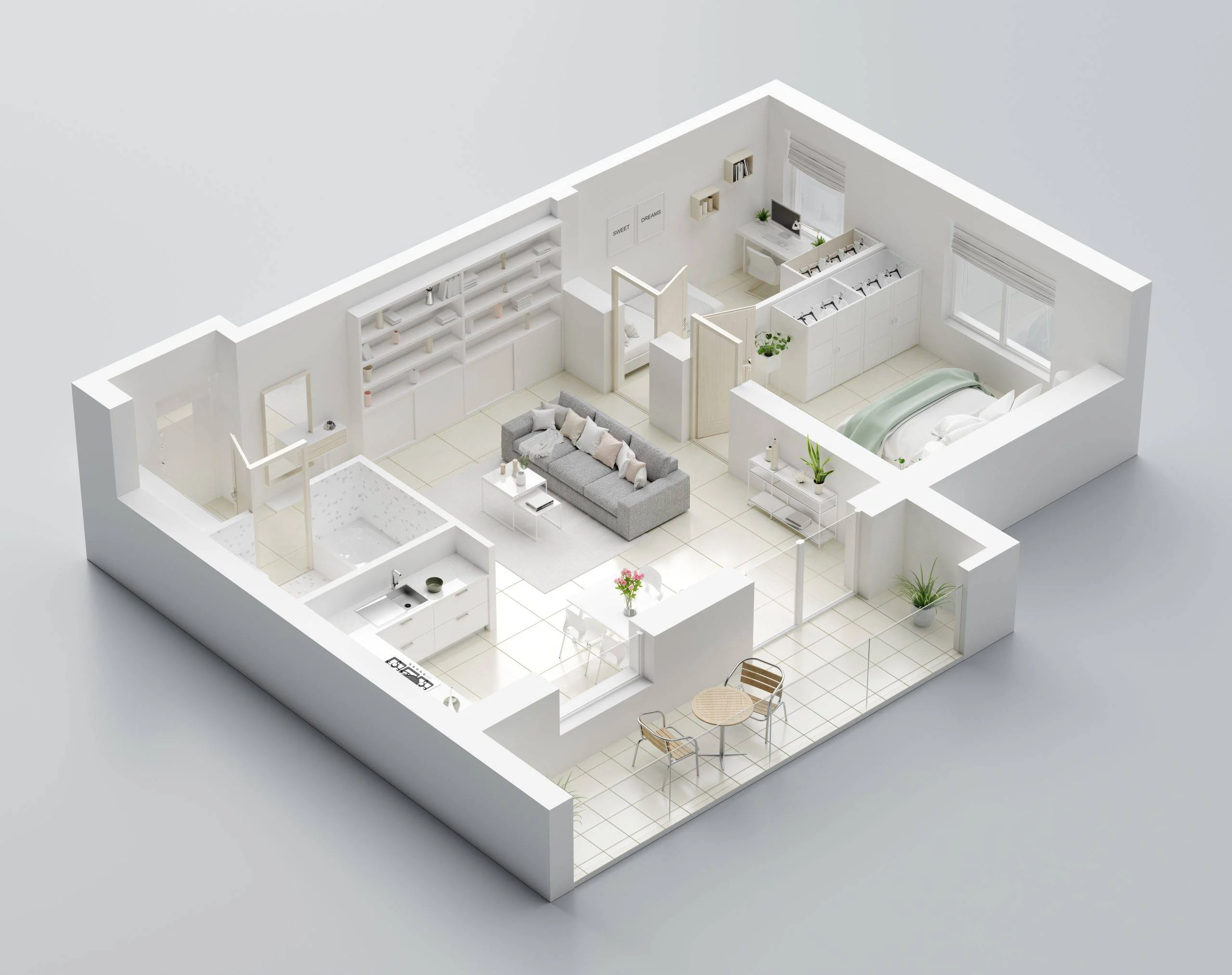 Moderne 3D-Grundrisswohnung mit Wohnzimmer, Schlafzimmer, Küche, Bad und Terrasse.