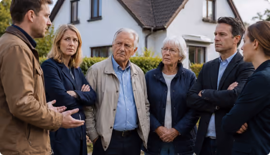 Gruppe von Erwachsenen diskutiert ernsthaft draußen vor einem Wohnhaus.