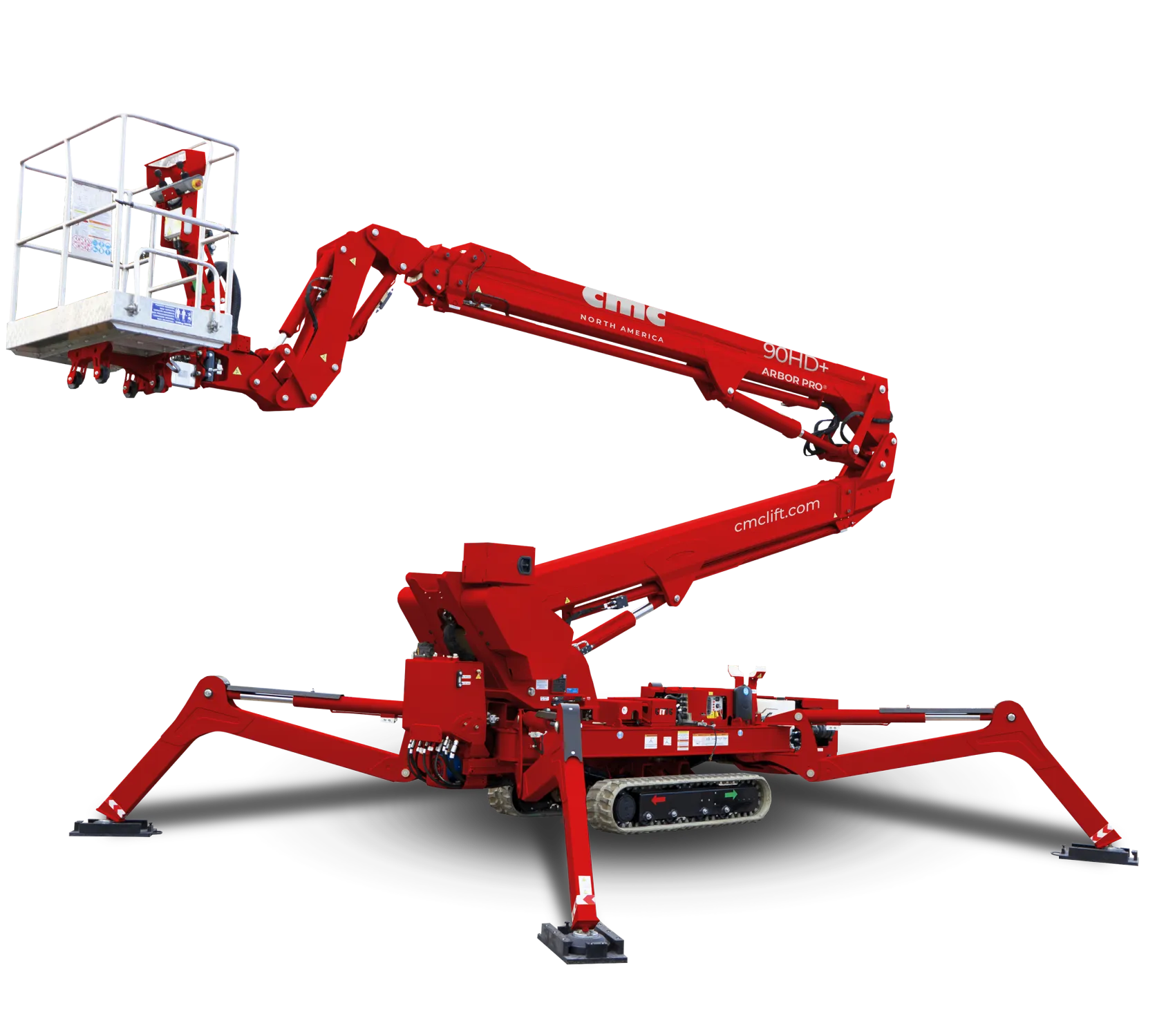 Red articulated boom lift with stabilizing legs and a raised operator platform on tracks.