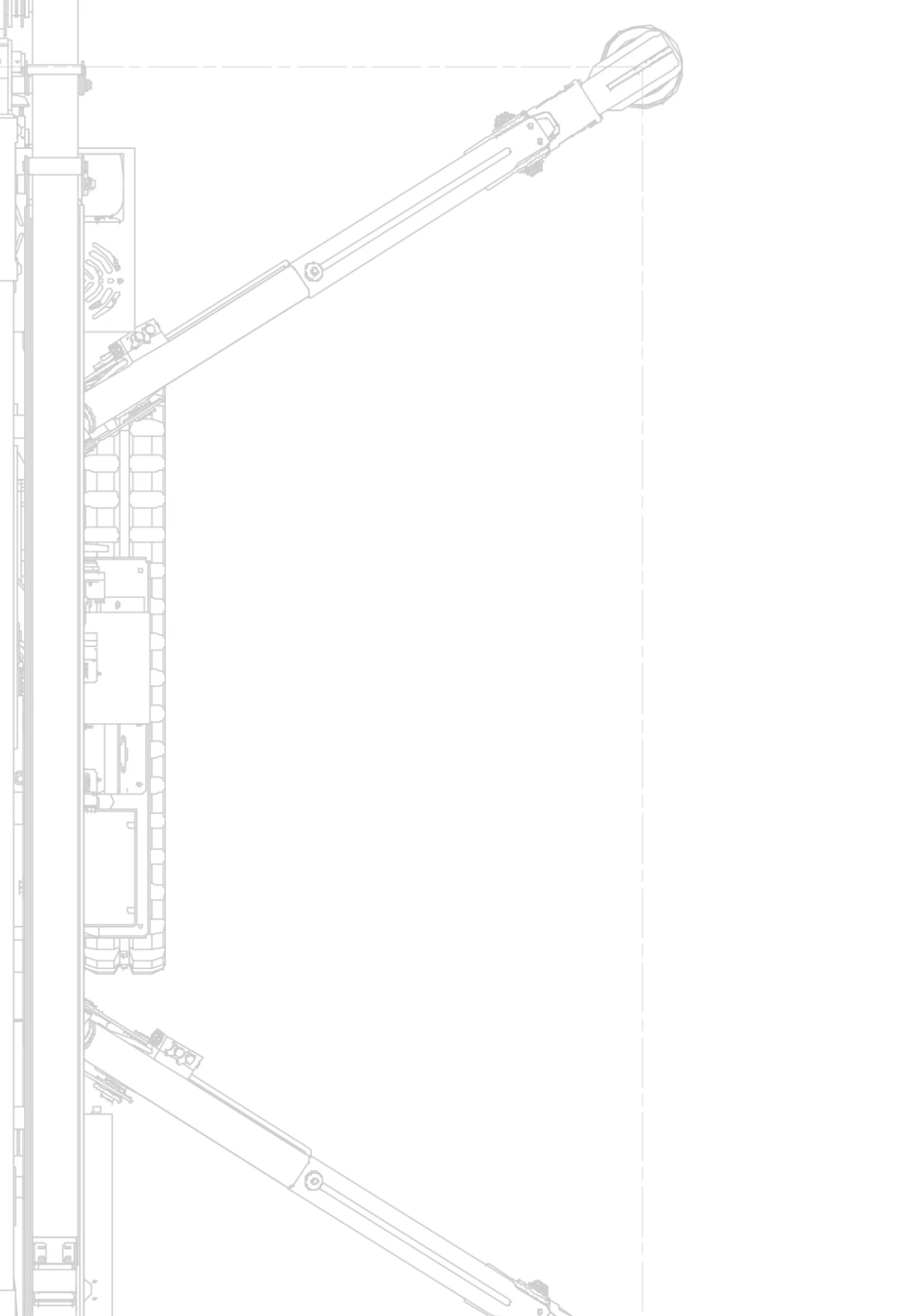 Technical line drawing of an industrial machine part with angled arms and structural components.