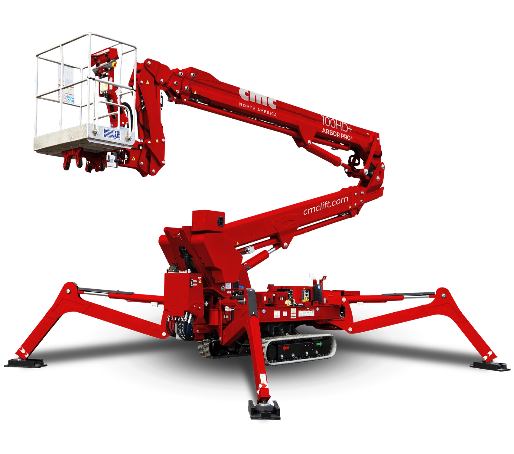 Red CMClift 100HD+ Arbor Pro tracked aerial lift with extendable stabilizing legs and work platform.