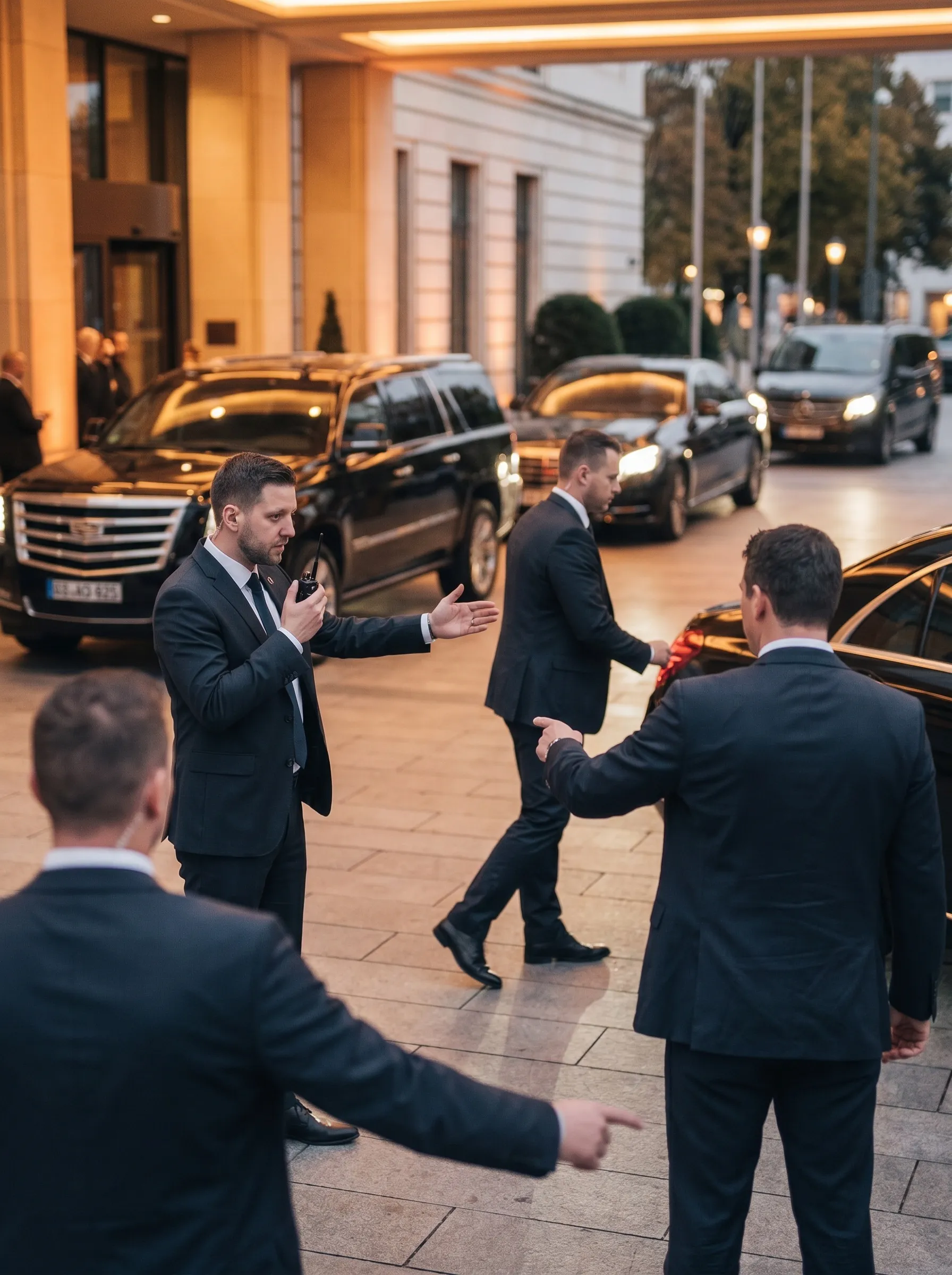 Agents de sécurité encadrant l'arrivée d'un convoi devant un hôtel