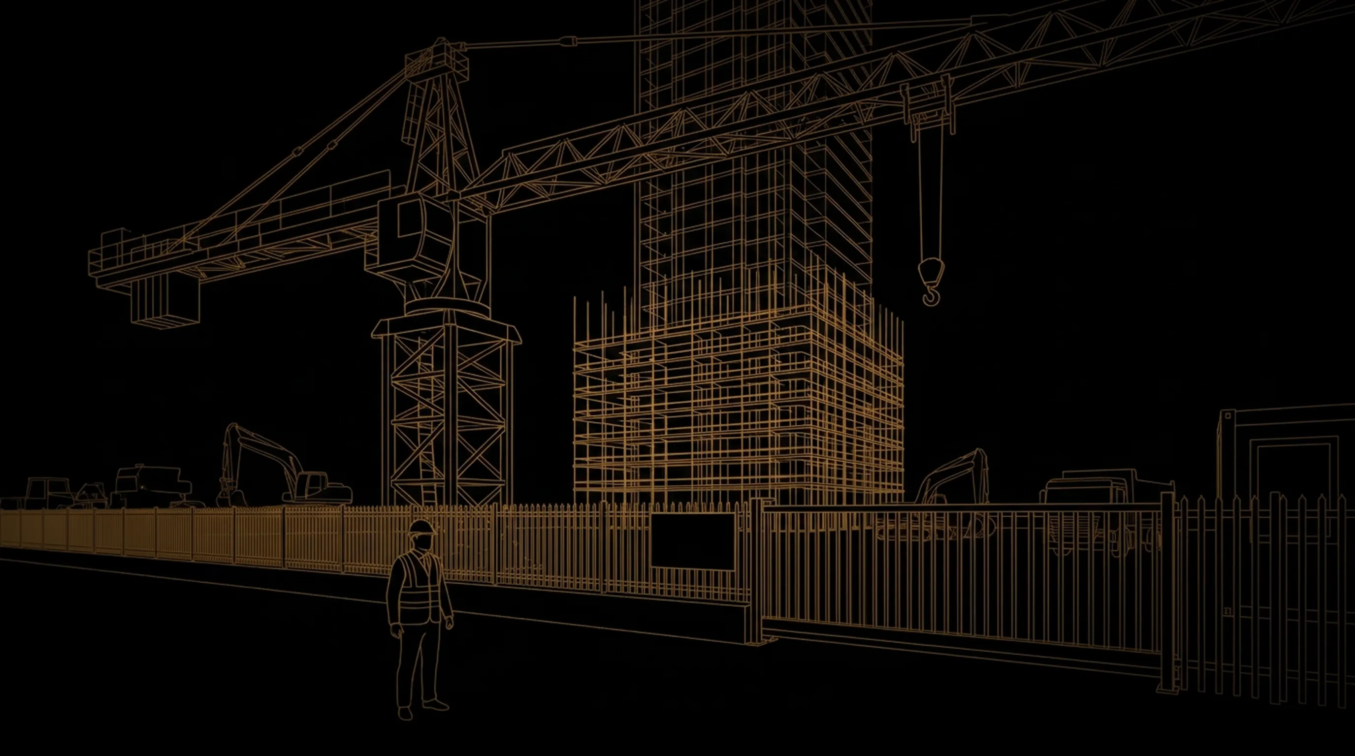 Illustration d'un agent en faction devant un chantier clôturé et sa grue
