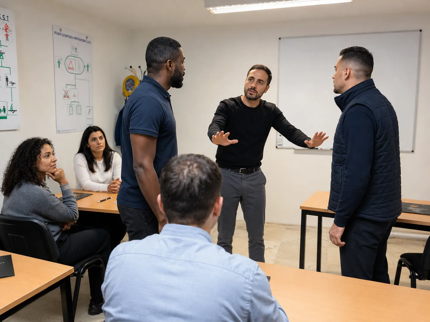 Mise en situation de gestion de conflit, le formateur s'interpose entre deux stagiaires