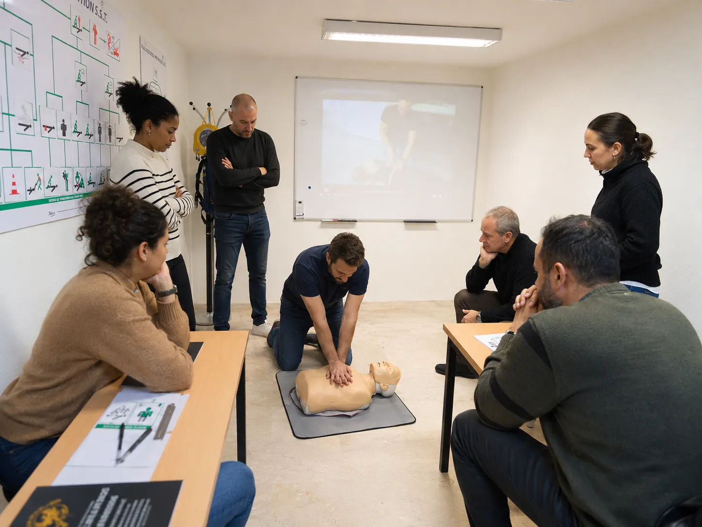 Formateur SST montrant le massage cardiaque sur mannequin devant un groupe de stagiaires