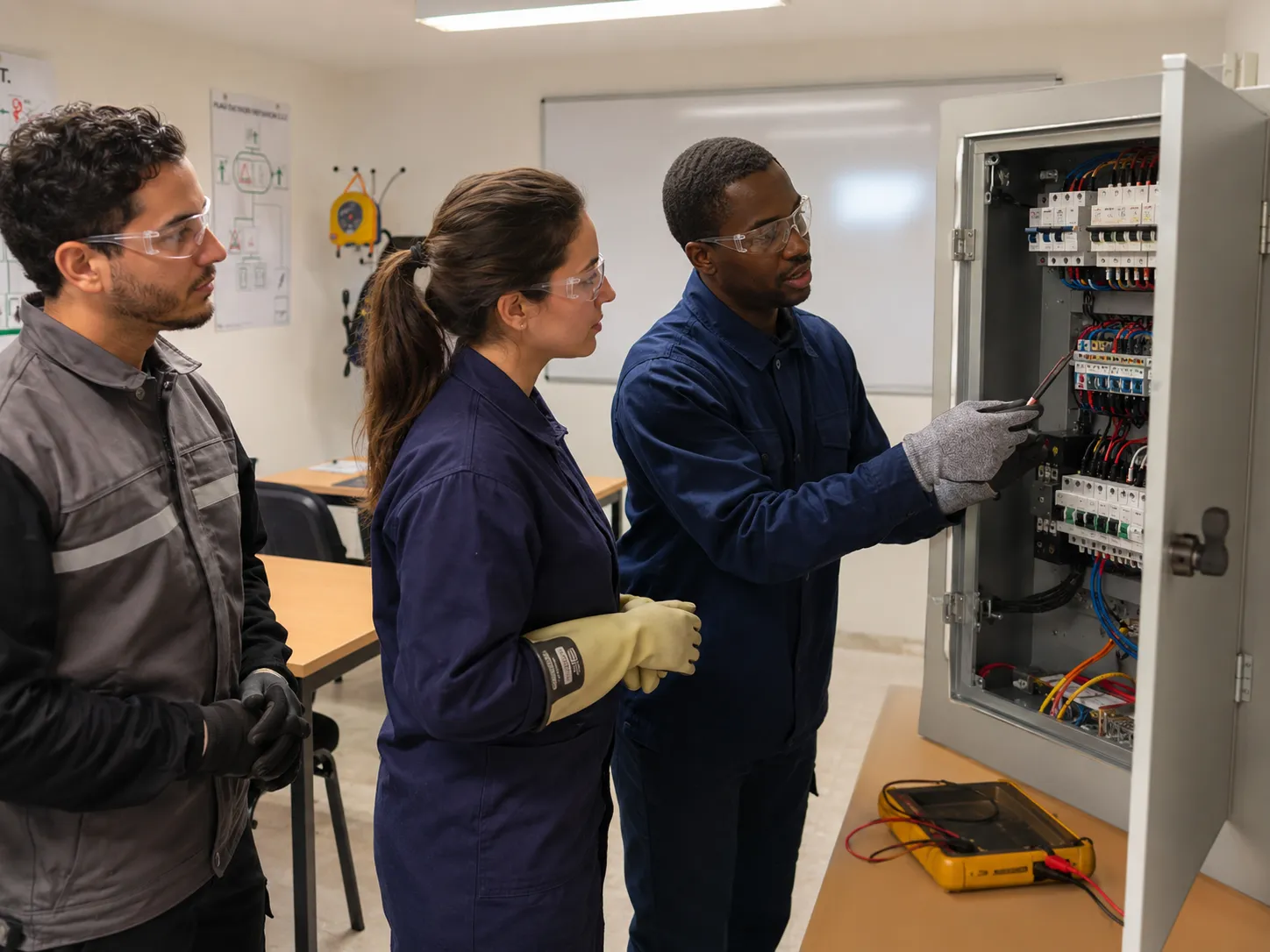 Stagiaires en gants isolants intervenant sur un tableau électrique en habilitation