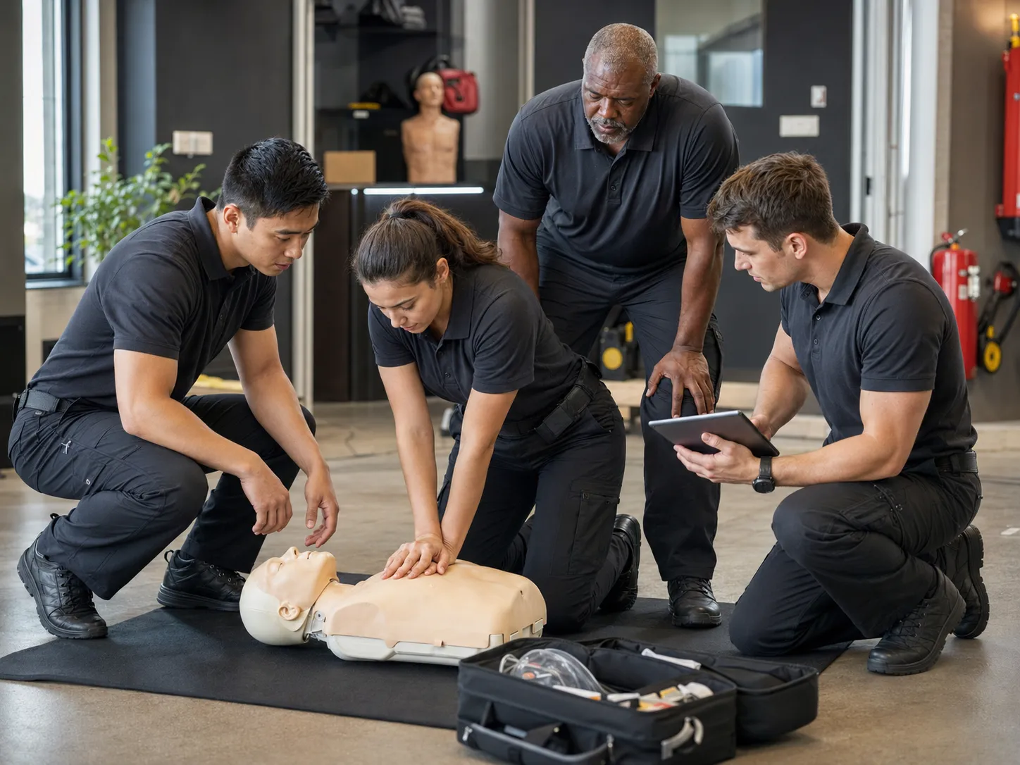 Agents de sécurité en formation aux gestes de premiers secours sur mannequin