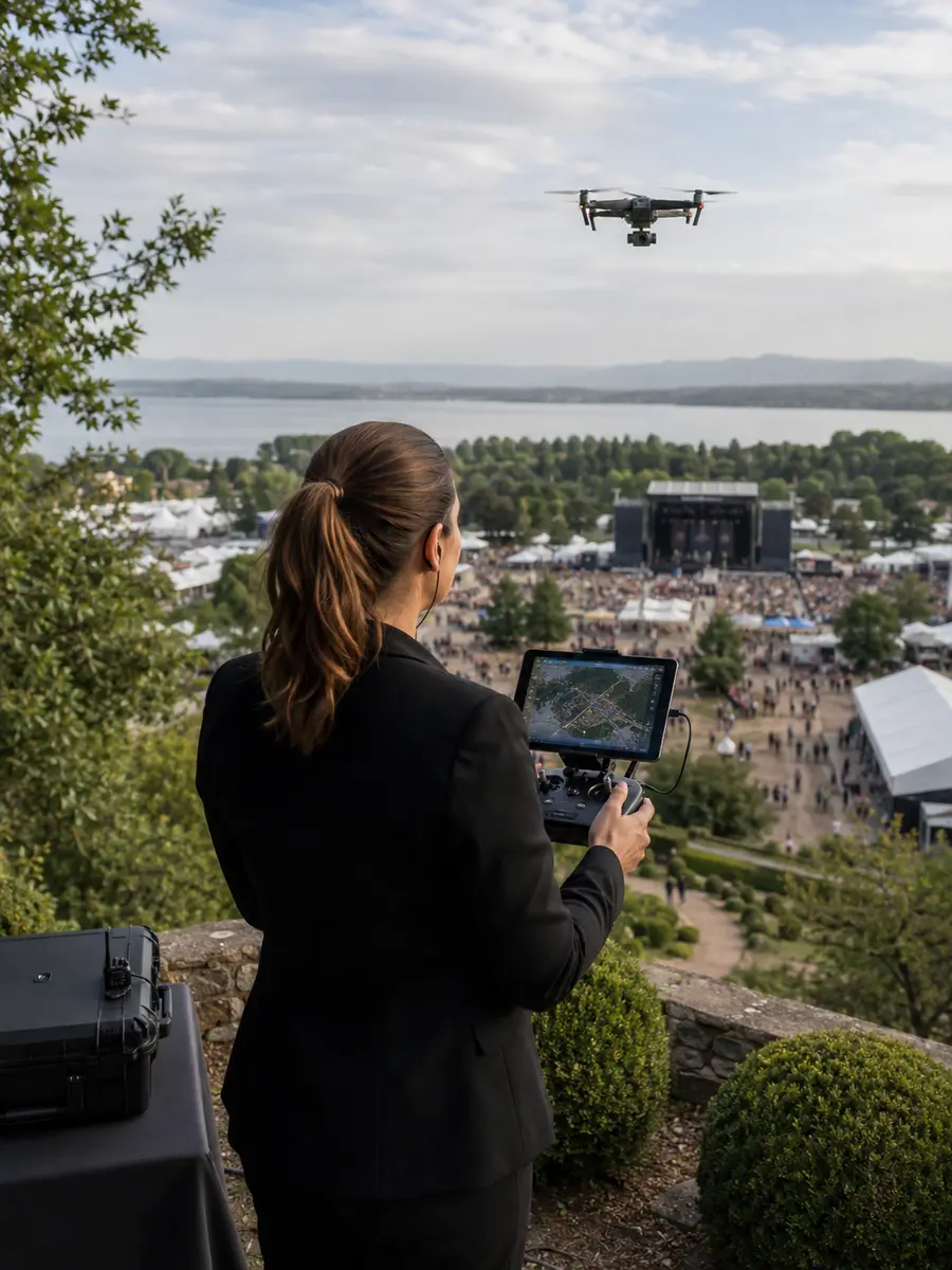 Opératrice pilotant un drone de surveillance au-dessus d'un festival en plein air