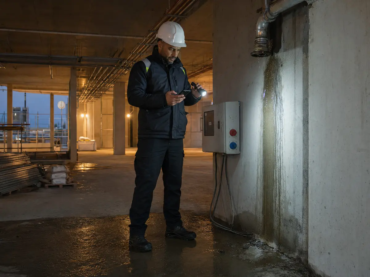 Agent vérifiant une armoire électrique lors d'une ronde nocturne en bâtiment en construction