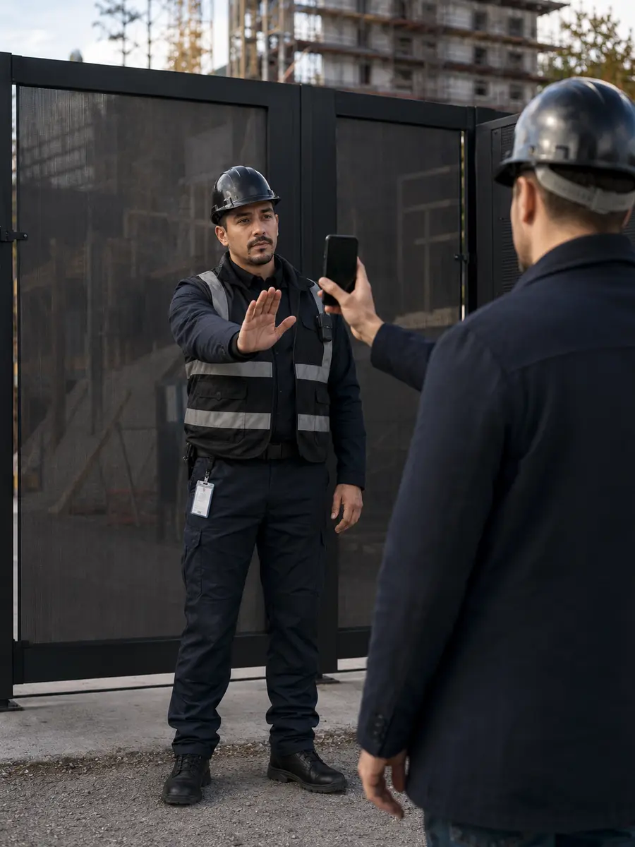 Agent refusant l'accès à un visiteur filmant devant le portail d'un chantier