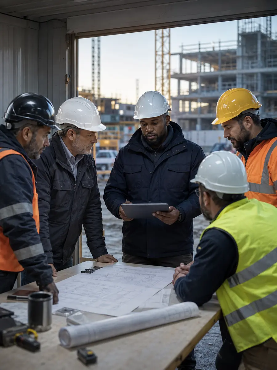 Briefing sécurité autour des plans dans la base vie d'un chantier