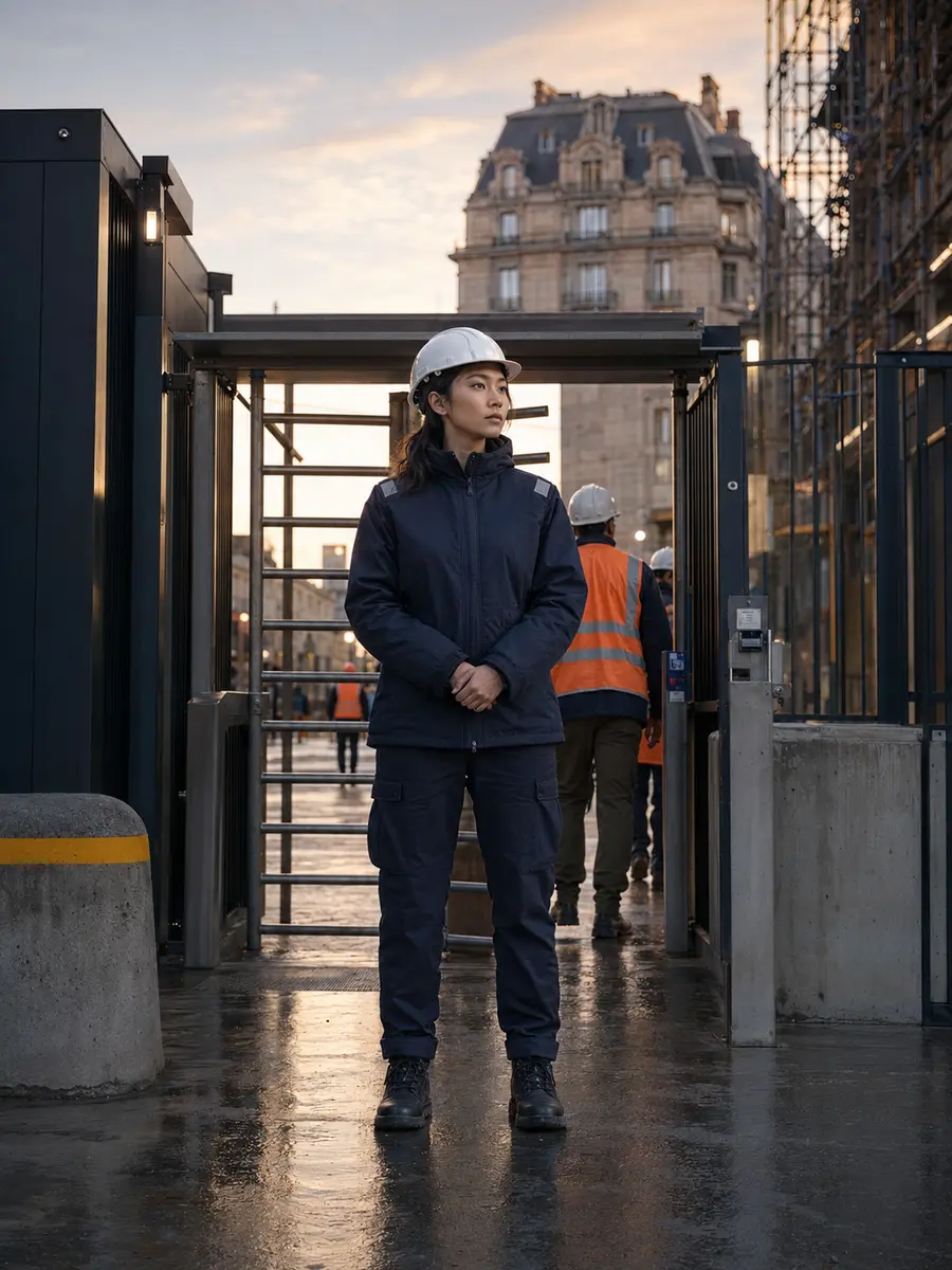 Agent de sécurité au contrôle d'accès d'un chantier en zone urbaine