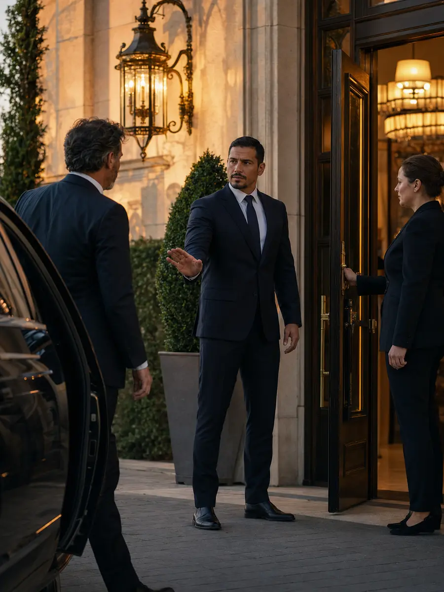 Garde du corps guidant un client de la voiture jusqu'à l'entrée sécurisée d'un hôtel