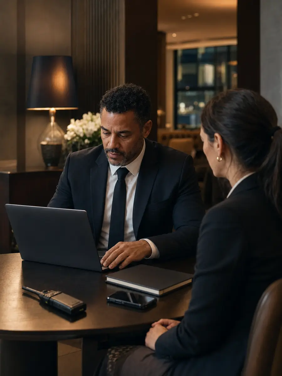 Débriefing de fin de mission sur ordinateur dans le salon feutré d'un hôtel