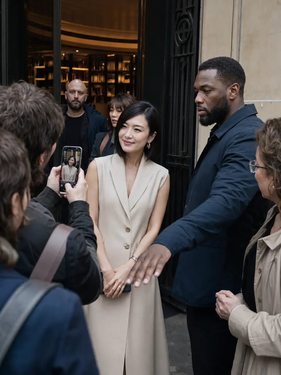 Garde du corps maintenant le public à distance d'une personnalité sortant d'une boutique