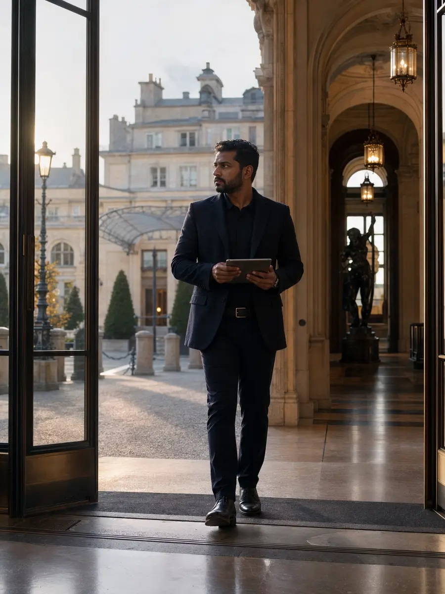 Agent en repérage avec tablette sous le porche d'entrée d'un hôtel de luxe