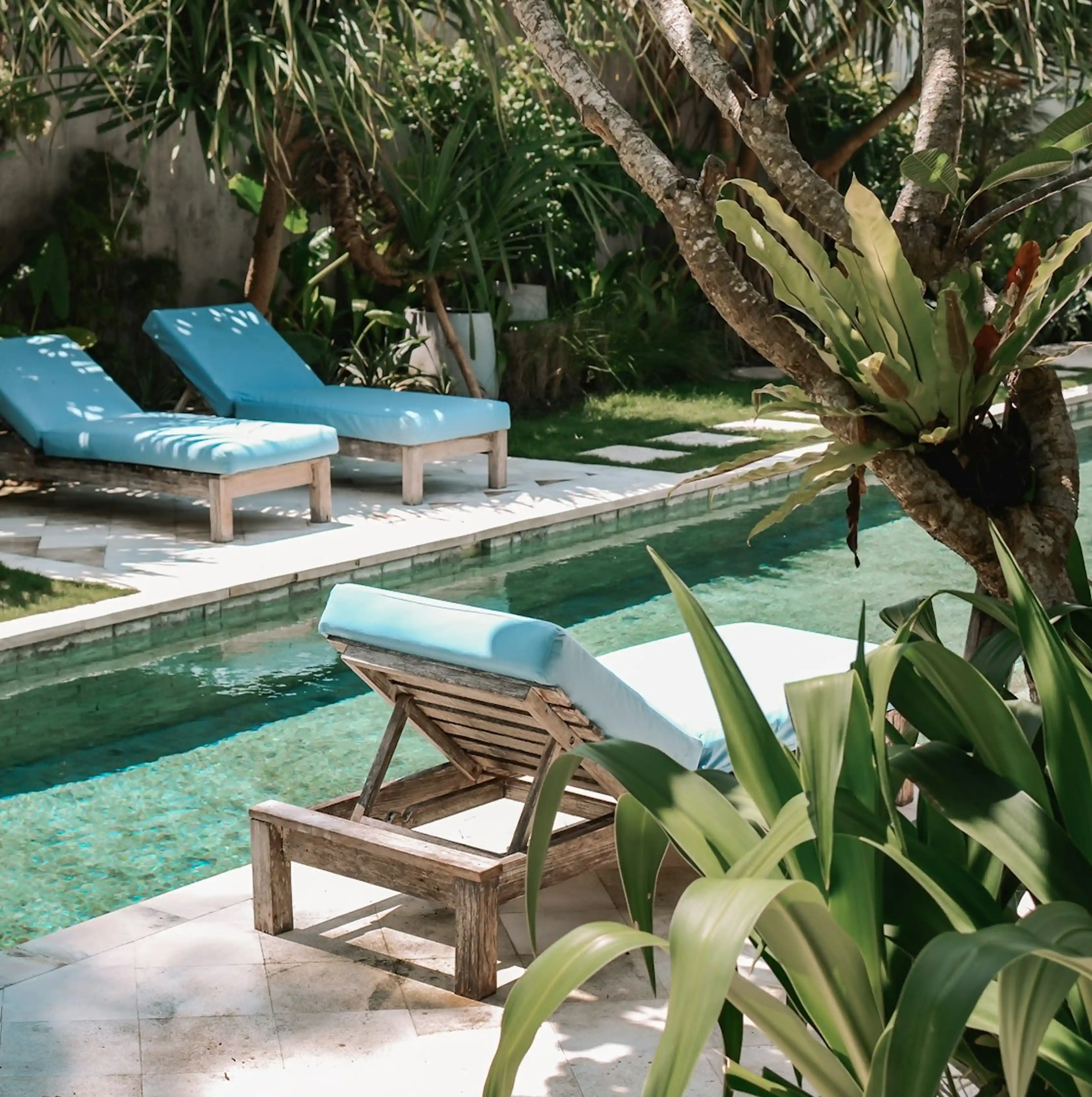 Wooden lounge chairs with blue cushions beside a narrow pool surrounded by green plants and trees.